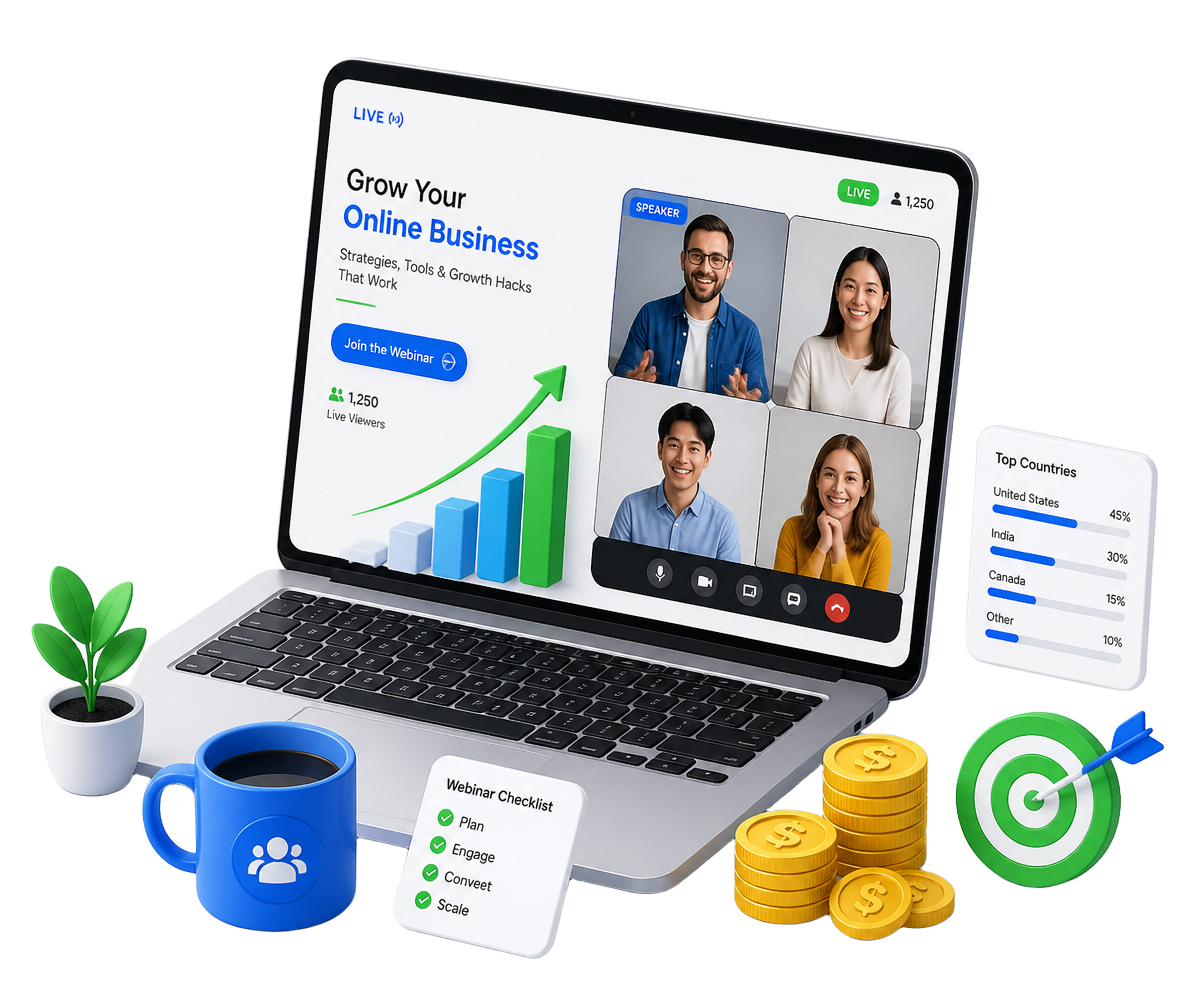 Illustration of a live online business webinar with participants and growth charts